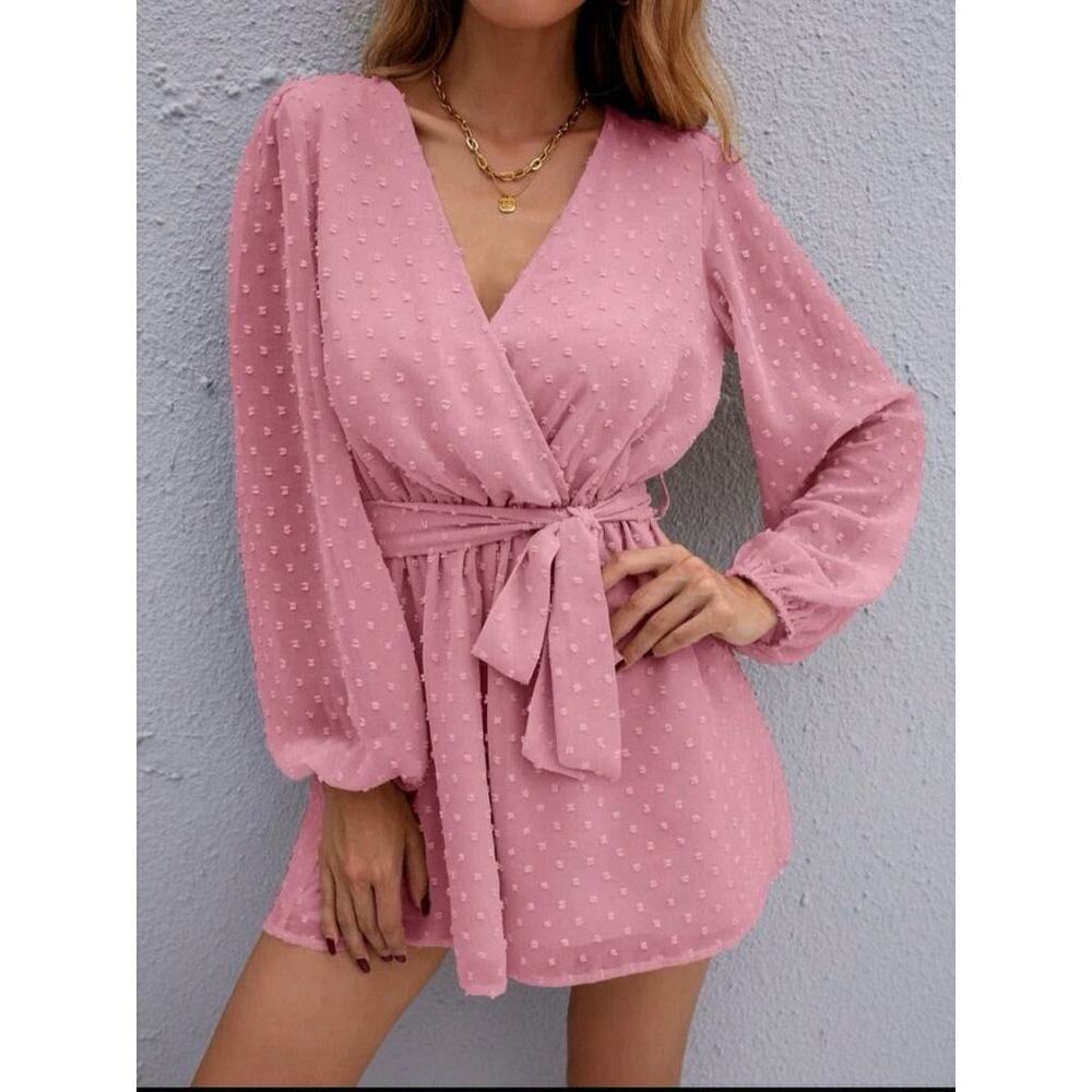 Shein Pink Dot Long Sleeve Romper With Waist Tie Size XL New